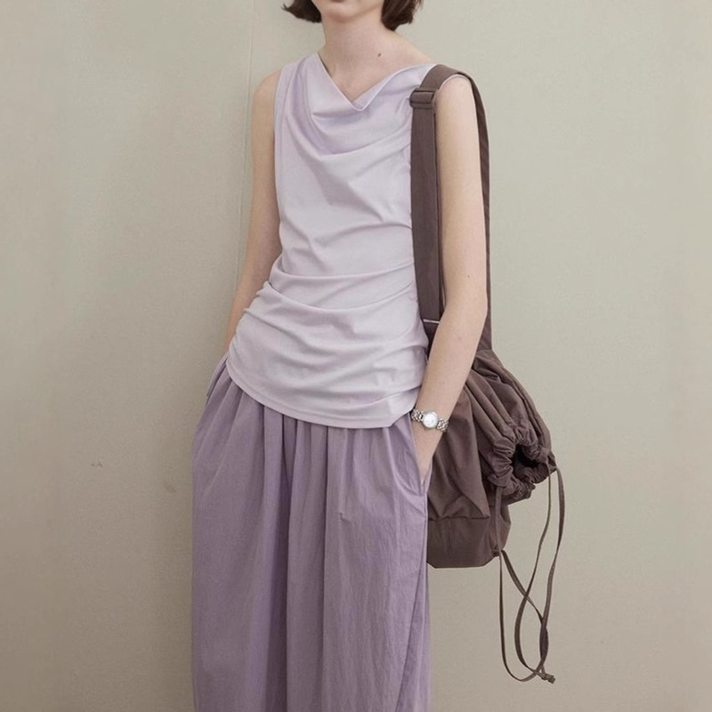 Women's Mulberry Silk Knitted Vest 2025 Summer Elegant Waist-Cinching Turtleneck Sleeveless Purple French Top