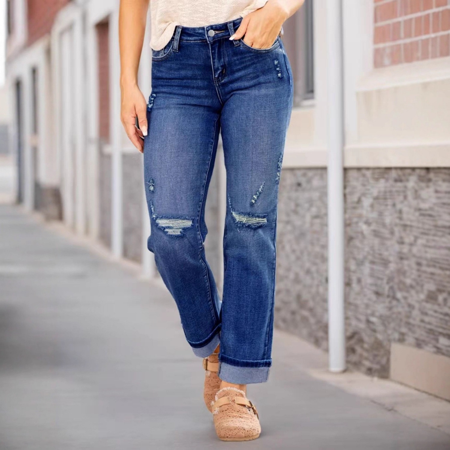 Women's Mid-Rise Straight Leg Jeans - Comfortable Distressed Denim Pants With Sandwashed Finish For Casual & Streetwear_ecoleips.com