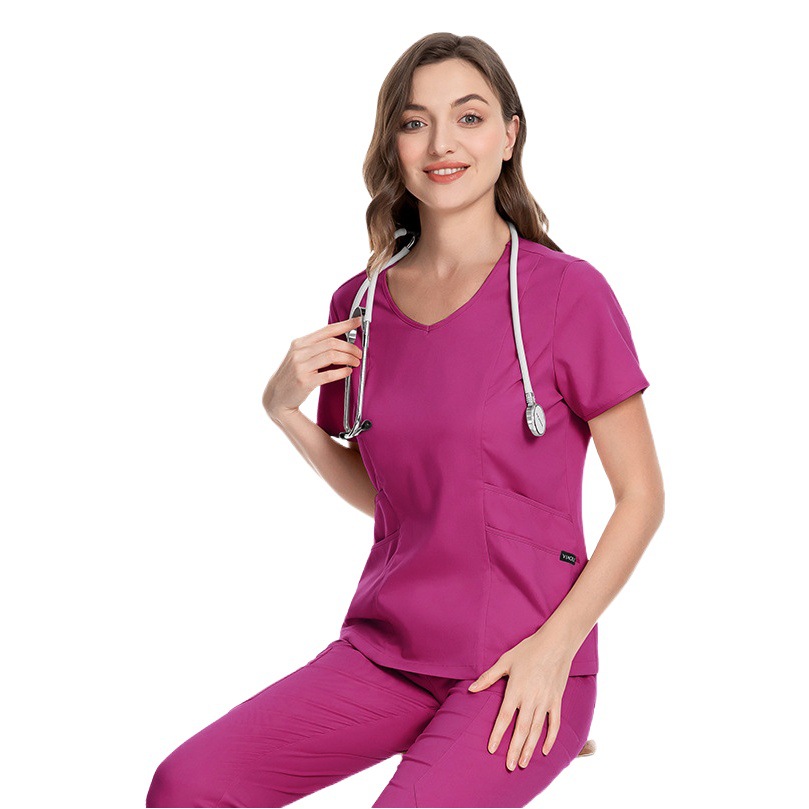 Conjunto de Uniforme Médico al por Mayor, Ropa de Trabajo para Clínica de Belleza, Uniforme de Enfermera con Cuello en V de Manga Corta, Pantalones Ajustados con Cordones para Mujer
