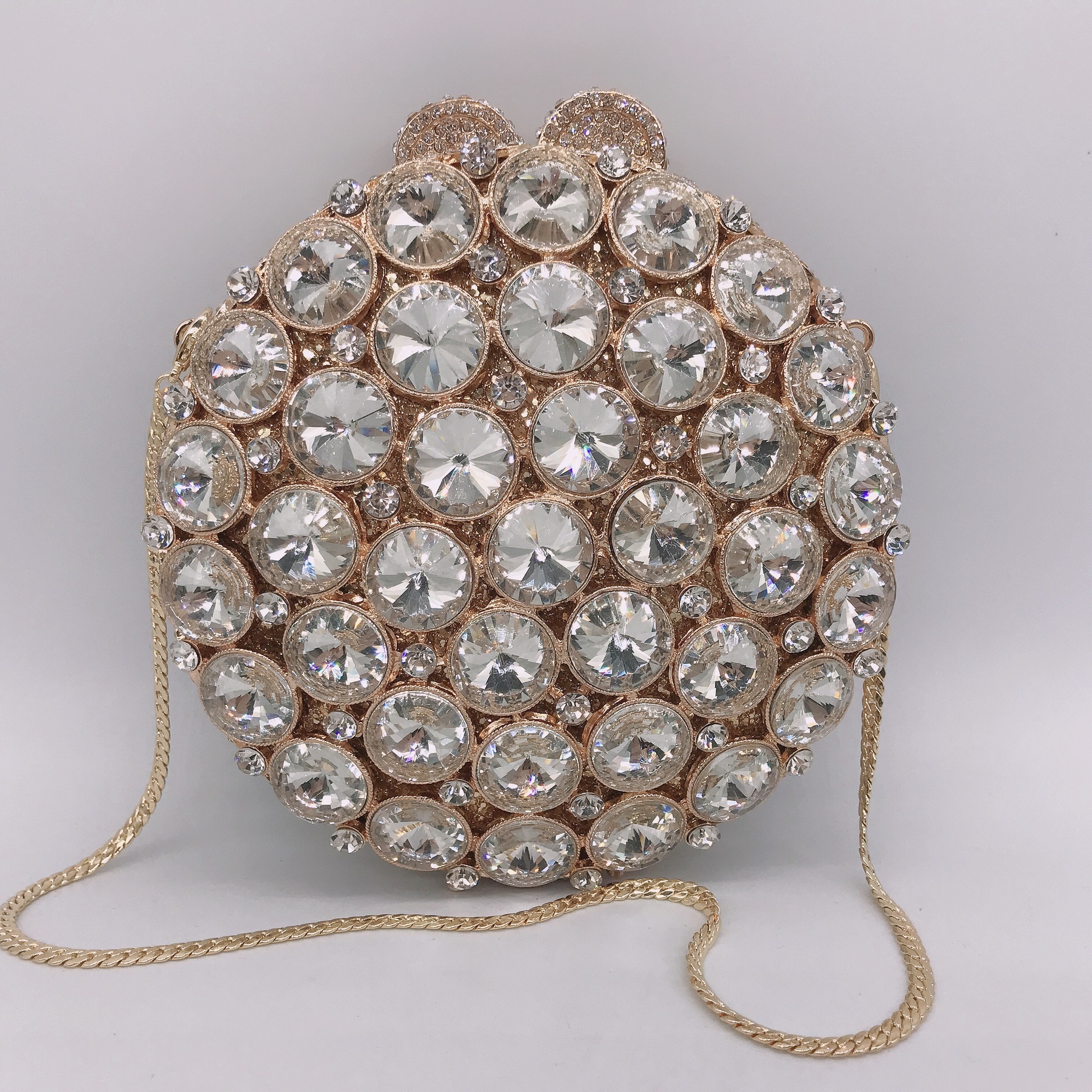 Túi clutch nữ đính đá dạ hội cầm tay hình tròn — Nền vàng kim cương trắng, Vàng kim AB, Vàng Pha Lê, Màu bạc chi tiết 4