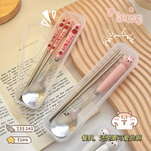 Cute girl heart strawberry rabbit tableware stainless steel spoon chopsticks fork set Japanese cartoon portable tableware