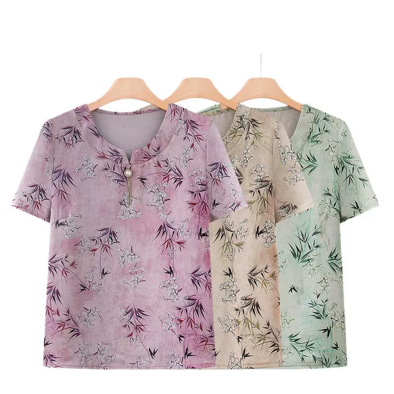Летний костюм для женщин среднего и пожилого возраста, летняя футболка из ледяного шелка с короткими рукавами для мам, комплект одежды из двух предметов для пожилых людей и бабушек.