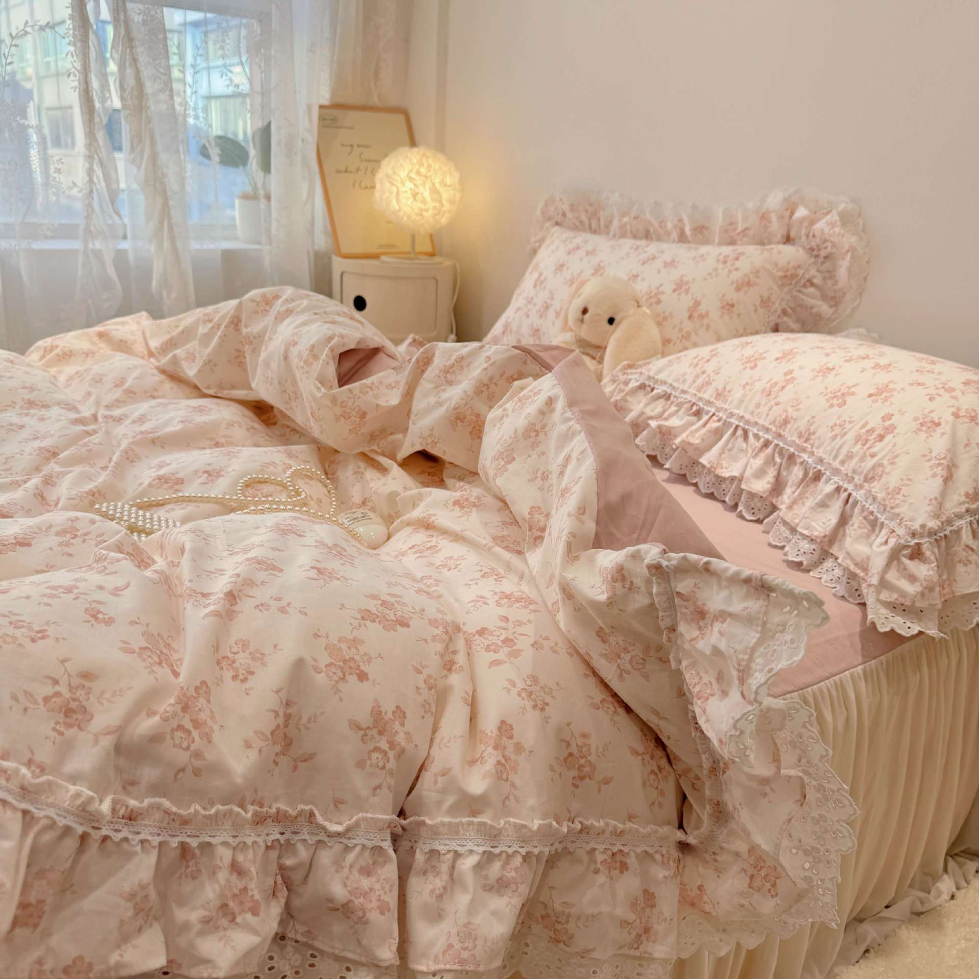 Korean Style Lotus Leaf Lace Pure Cotton Four-piece Set Cotton Fresh Girl's Heart Quilt Cover Bedding Bed Skirt Bed Hat Skin-friendly Naked Sleeping