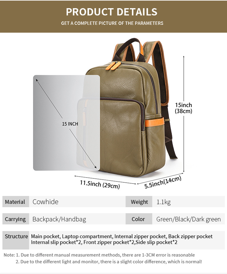 Ba lô nam da bò thời trang đựng laptop 15 inch, đa chức năng — màu xanh đậm chi tiết 12