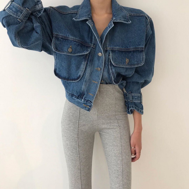 Korean Chic Autum Niche Versatile Lapel Loose Multi-Flap Pocket Pants Washed Blue Puff Sleeve Short Denim Jacket for Women