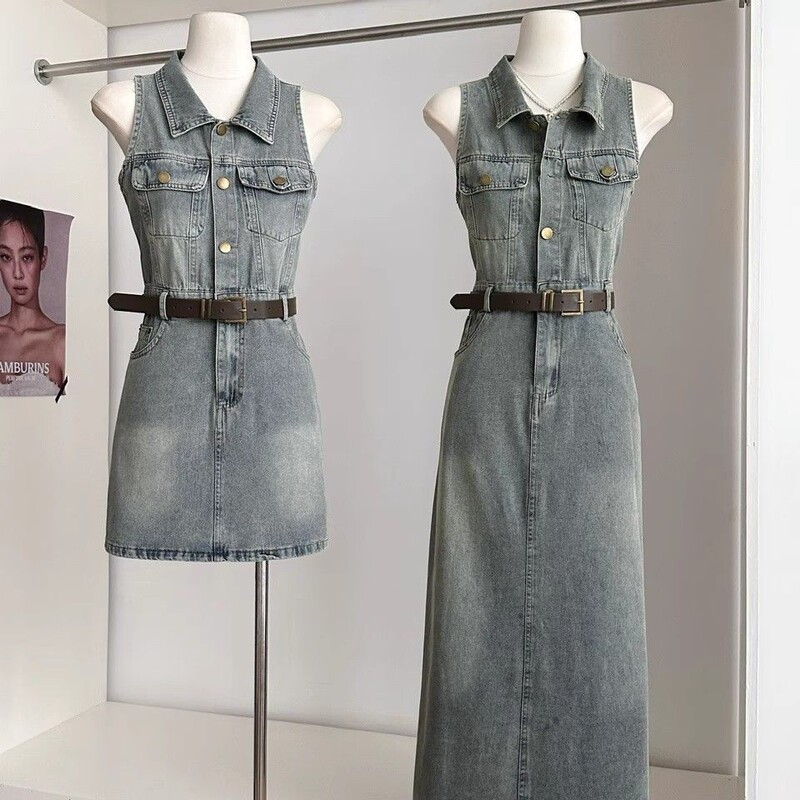 2026 Hong Kong Style Denim Sleeveless Dress with a Waist-Cinching Design, Slimming Effect, Vintage A-Line Long Dress for Women in Summer 2026 Hong Kong Style Denim Sleeveless Dress with a Waist-Cinching Design, Slimming Effect, Vintage A-Line Long Dress for Women in Summer