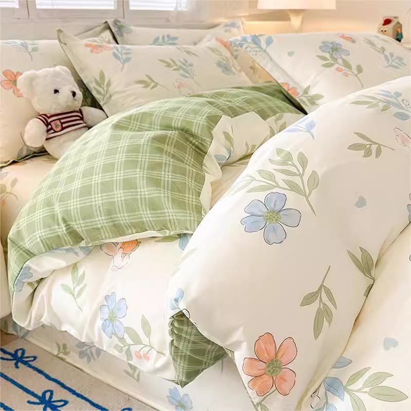 Algodón de cuatro piezas de ropa de cama de algodón 2025, nuevo edredón de flores frescas, sábanas de dormitorio de tres piezas de cuatro estaciones