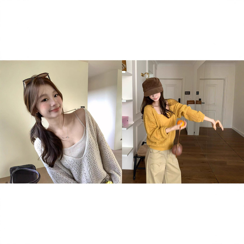 im向首尔假期~v领长毛马海镂空上衣女秋绞花针织罩衫/吊带两件套|undefined