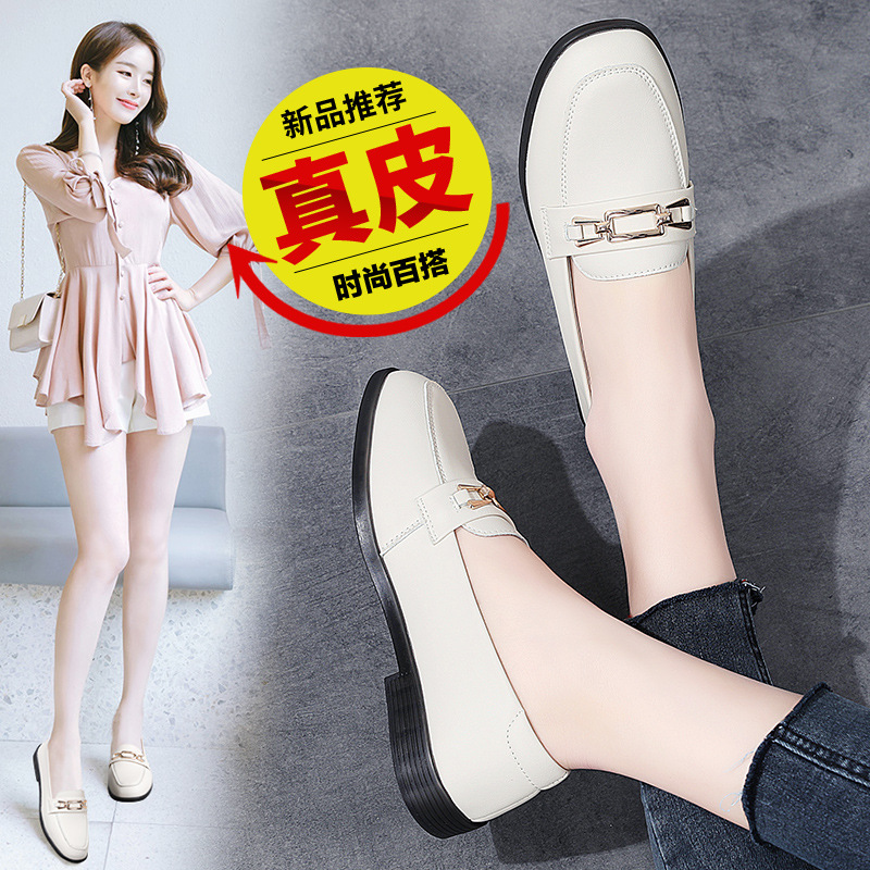 Zapatos de mujer de punta cuadrada de cuero genuino 2023 nuevos zapatos planos de primavera y otoño de una sola capa zapatos de guisantes de fondo suave zapatos de trabajo zapatos de cuero