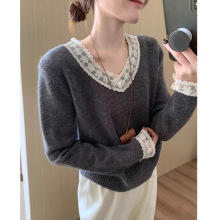 法式淑女风鸡心领花边毛衣2024冬季新款宽松显瘦百搭针织衫上衣女