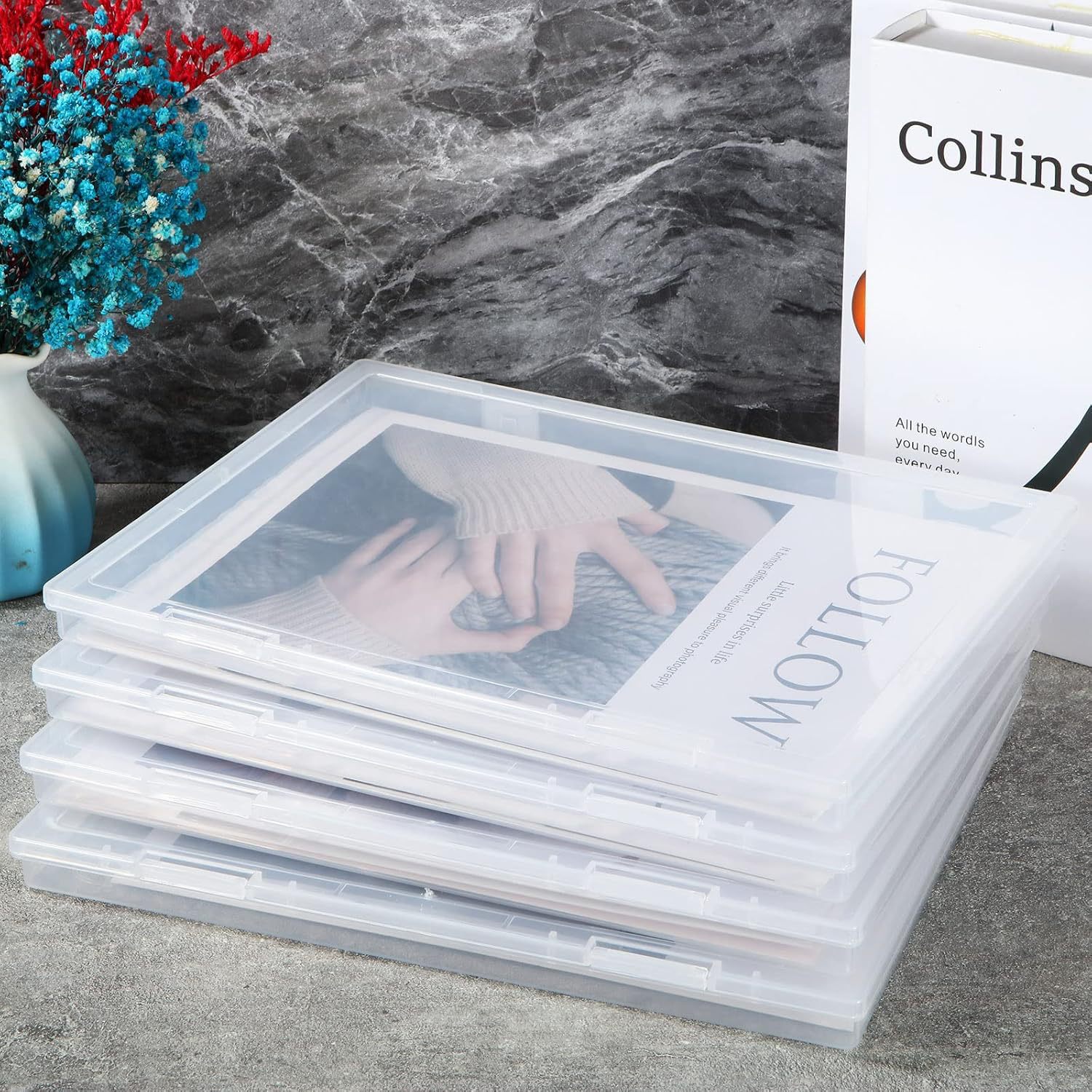 长方形PP透明盒子带盖A4纸文件收纳盒五金零件扁盒通用包装塑料盒