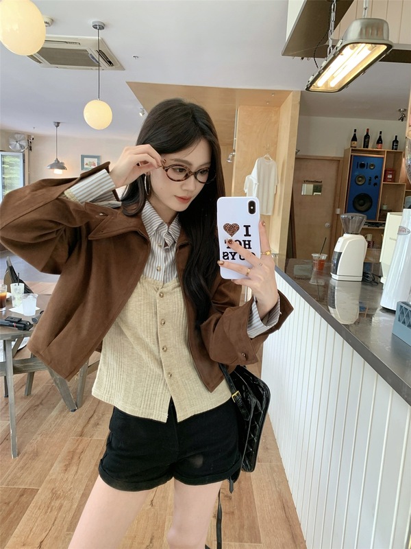 美拉德套装假两件条纹衬衫女秋季咖色麂皮绒外套夹克短上衣两件套|undefined