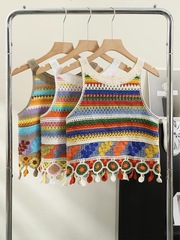 Knit Laced Striped Fringe Strap Backless Top for Women Summer Sleeveless Outerwear Kanjian Ethnic Style Top