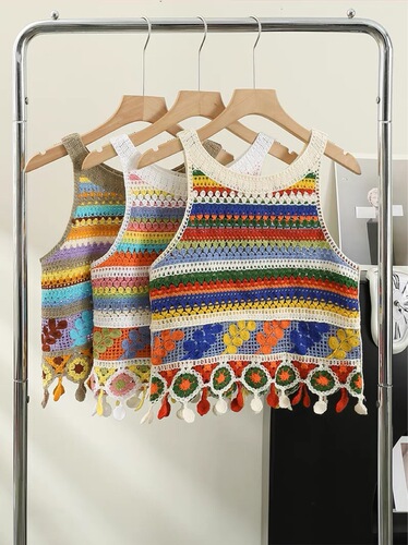 Knit Laced Striped Fringe Strap Backless Top for Women Summer Sleeveless Outerwear Kanjian Ethnic Style Top