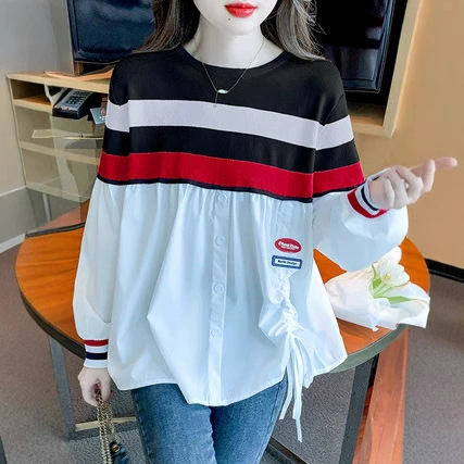 2025 новый модный повседневный стиль: полосатый цветной блок, свободный вязаный топ с длинным рукавом в стиле пэчворк