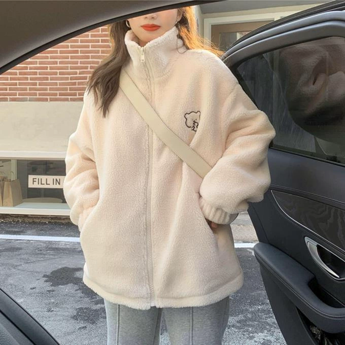 Демисезонная бархатная куртка, oversize, увеличенная толщина, западный стиль с вышивкой маленького медведя