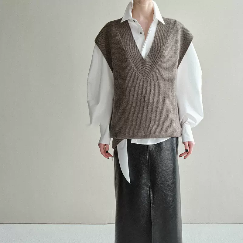 Moga叠穿神器 纯粗针花纱复古宽肩坑条针织马甲背心女秋叠穿背心