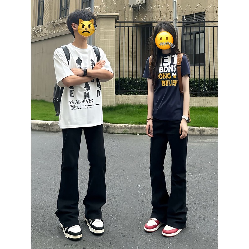 美式黑色微喇牛仔裤男款半松紧腰高街vibe直筒裤子修身显瘦弯刀裤|undefined