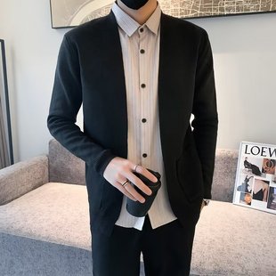 Fake two-piece shirt men's autumn and winter 2024 new trendy Pu handsome sweater coat high-grade striped cardigan sweater