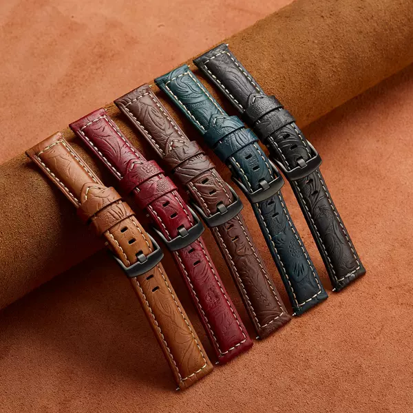 First-Layer Cowhide Oil Wax Leather Two-Tone Universal Watch Strap, Smart Sports Leather Watch, Personalized Tang-Style Carved Leather