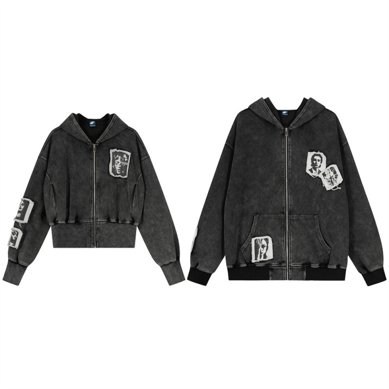 Washed Distressed Punk Retro Hooded Cardigan Sweatshirt for Men and Women, Trendy Street Character Patch Embroidered Zipper Jacket