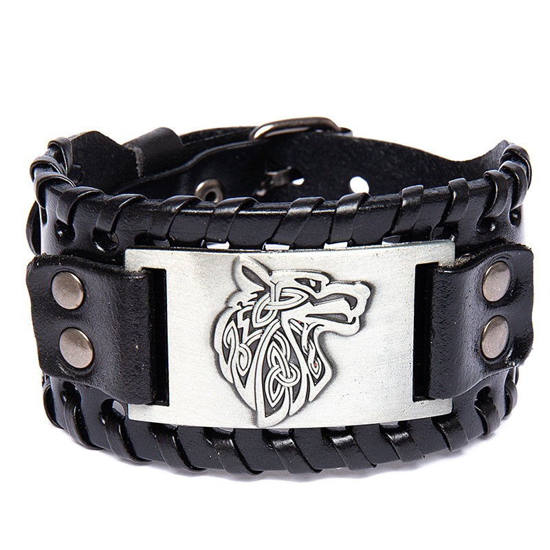 Cross-border New Bracelet AliExpress Handmade Leather Bracelet Hot Selling European and American Double Layer Alloy Wolf Head Wide Leather Bracelet