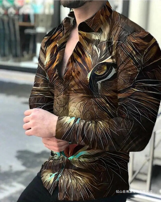 Men's Luxury Social Shirt Turn-Down Collar Button Shirt Irregular Pattern Print Long Sleeve Cardigan Shirt Club Ball