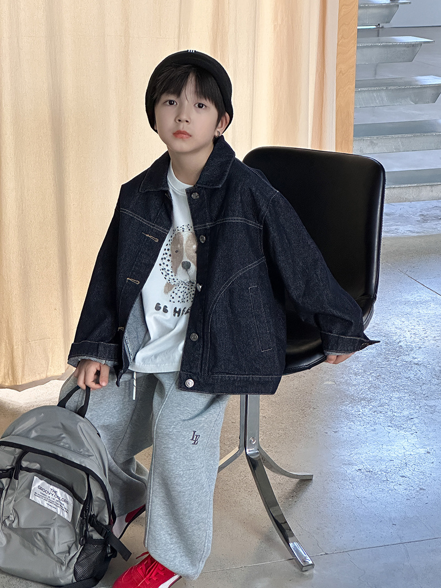 Emo Baby 2025 autumn sand-washed cotton handsome workwear tops for boys and girls Korean style top-stitch denim jackets trendy