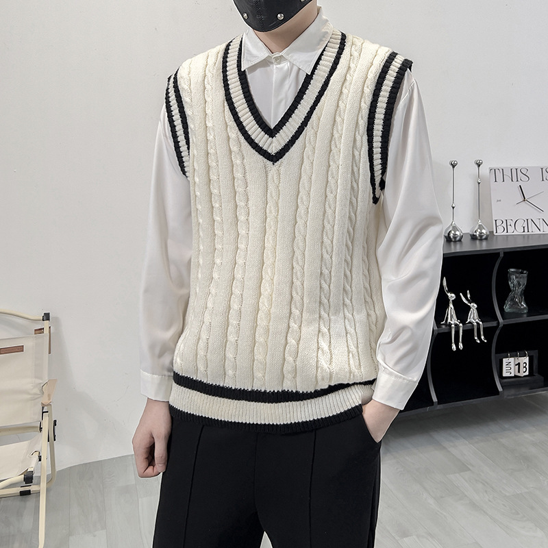Academy Style V-Neck Knitted Vest Men's Japanese Style Couple Wear Vintage Contrast Fashion Brand Dk Outer Sleeveless Vest Sweater