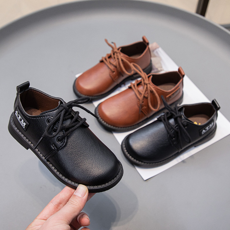 Spring and Autumn New Black Breathable Casual British Leather Shoes Hollow Lace-up Holes Student Soft Sole Lazy Boys' Shoes