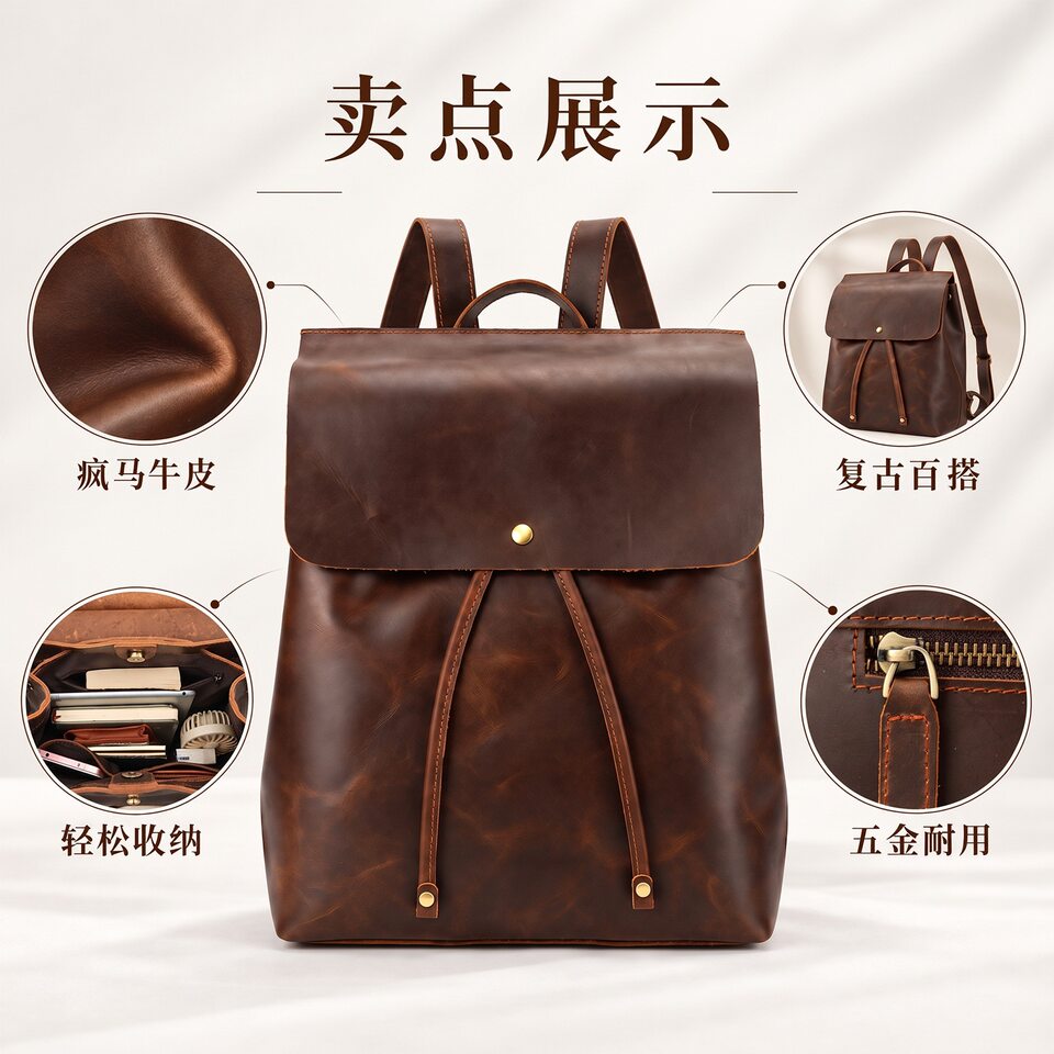 Ba lô nữ da bò thật 28×15×34 cm phong cách tối giản, đựng vừa máy tính bảng — Cà phê sâu