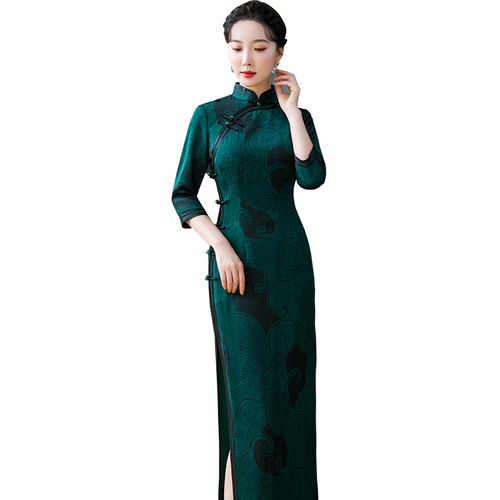 Chinese style dark green Chinese dress oriental retro qipao dress ladies stand-up collar cheongsam evening banquet elegant dress