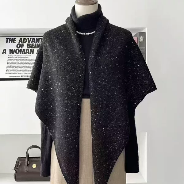 New wool-blend large shawl for women, versatile Korean-style autumn and winter warm fashion sequin triangle scarf neck warmer knitted scarf