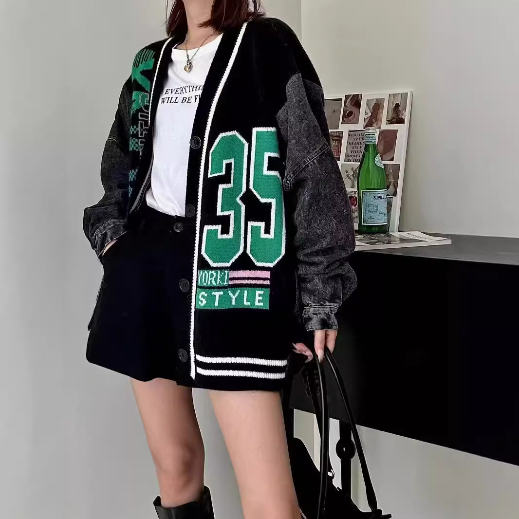 Women's Clothing denim patchwork knitted jacket _voghion.com