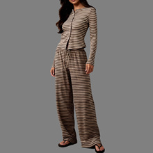 欧美跨境外贸秋季女装新款条纹纽扣长袖抽绳长裤套装休闲风两件套