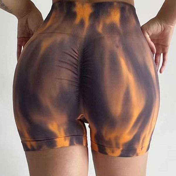 2023 European and American New in Stock Seamless High Waist Tie-Dye Tight Peach Hip Yoga Quick-Dry Training Fitness Shorts for Women