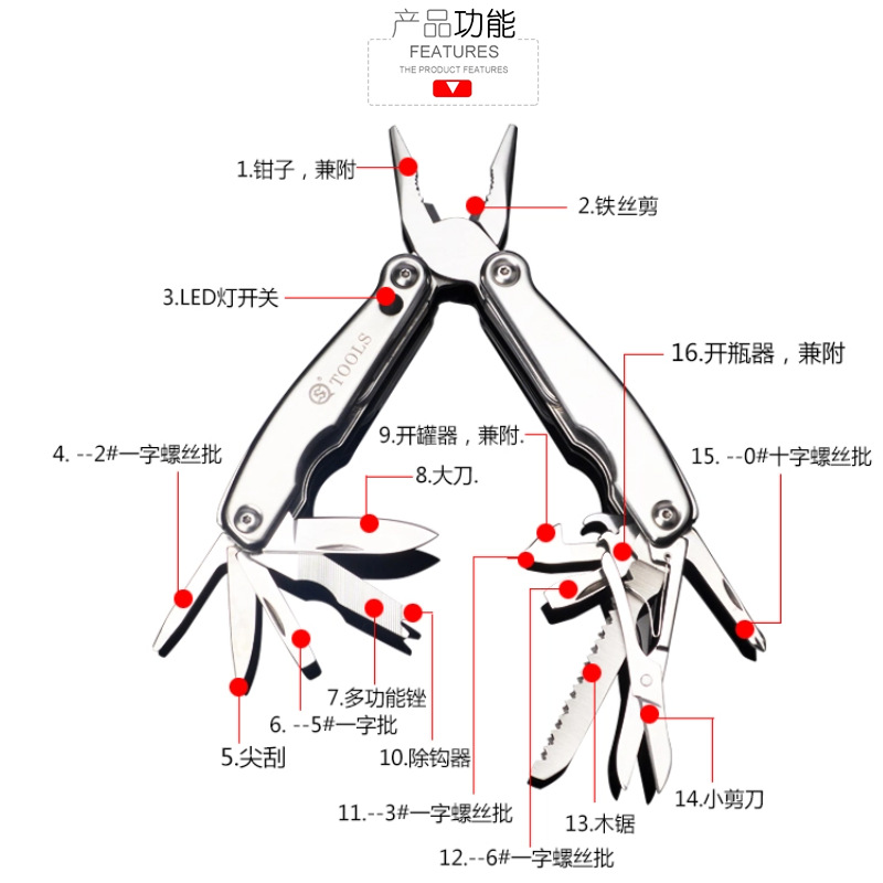 SQT Shunquan 2611 exterior LED multifunción combinación herramienta alicates plegables multiusos herramienta todo acero inoxidable