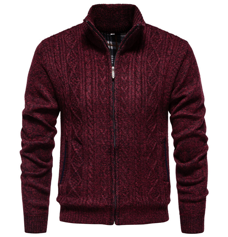2024 new thick knitted with stand up collar and velvet twist flower sweater cardigan men's coat_voghion.com