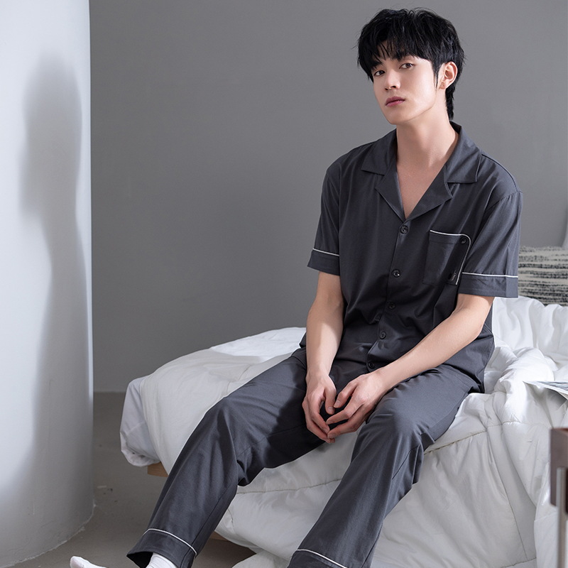 Pijamas de hombre Pantalones de manga corta de verano de los hombres traje de algodón de media manga solapa de los hombres de verano ropa para el hogar primavera y otoño