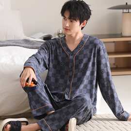 【L-4XL】春秋新款纯棉男士长袖长裤开衫V领睡衣印花休闲男家居服