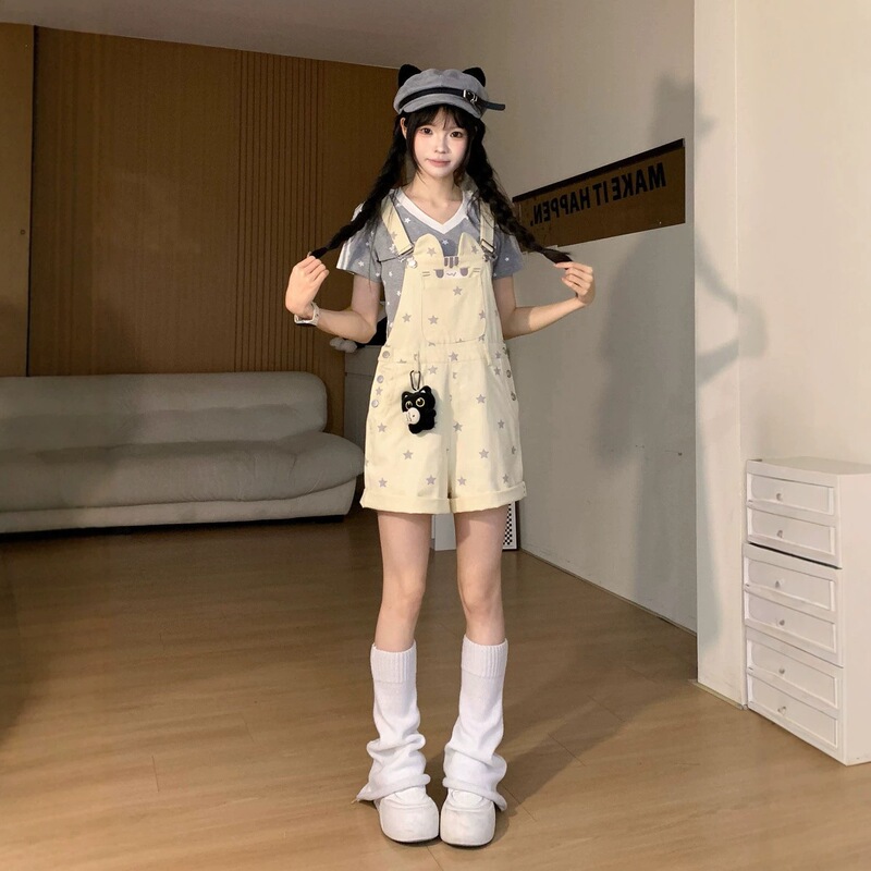【Han Niu】Summer Loose-Fit Youthful Cute Sweet Style Cat and Star Print Denim Overalls for Women 【Han Niu】Summer Loose-Fit Youthful Cute Sweet Style Cat and Star Print Denim Overalls for Women