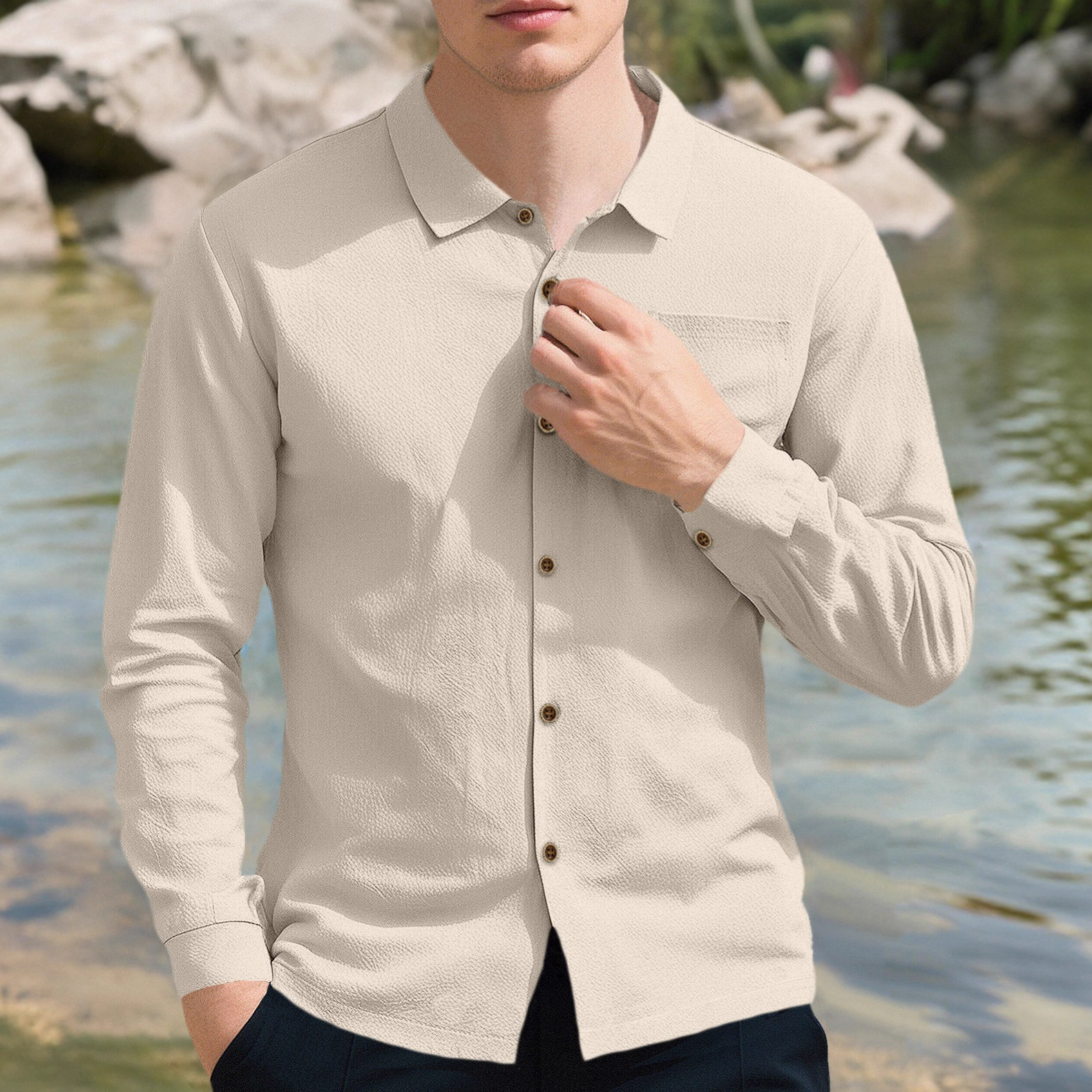 Nuevo Europa y Estados Unidos camisa de lino de manga larga transfronteriza Amazon otoño casual chaqueta de viaje estadounidense suelta hombre