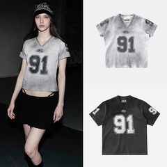 韓国 badblood bcac シリーズ タイダイ ダメージ加工 91 プリント半袖 Tシャツ レディース レトロ V ネック ジャージ トップ