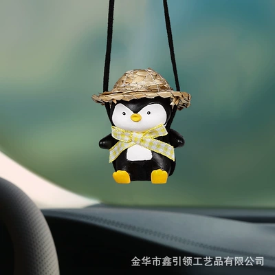 Car Hanging Decorations Car Accessories | Car hanging - black-penguin-in-straw-hat
