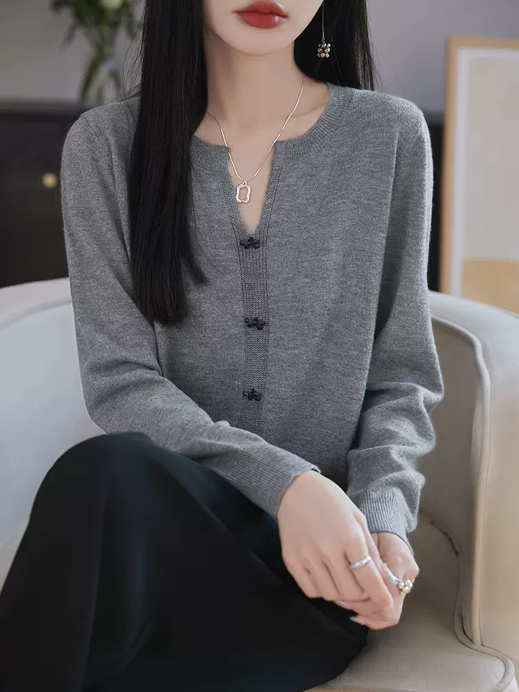 针织女士上衣V领秋冬羊毛衫洋气打底毛衣套头半开韩系短款蝴蝶结