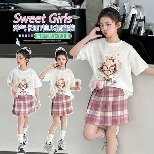 Children's clothing for older girls, 2025 girls' short-sleeve T-shirts for older children, girls' summer JK style dresses, two pieces