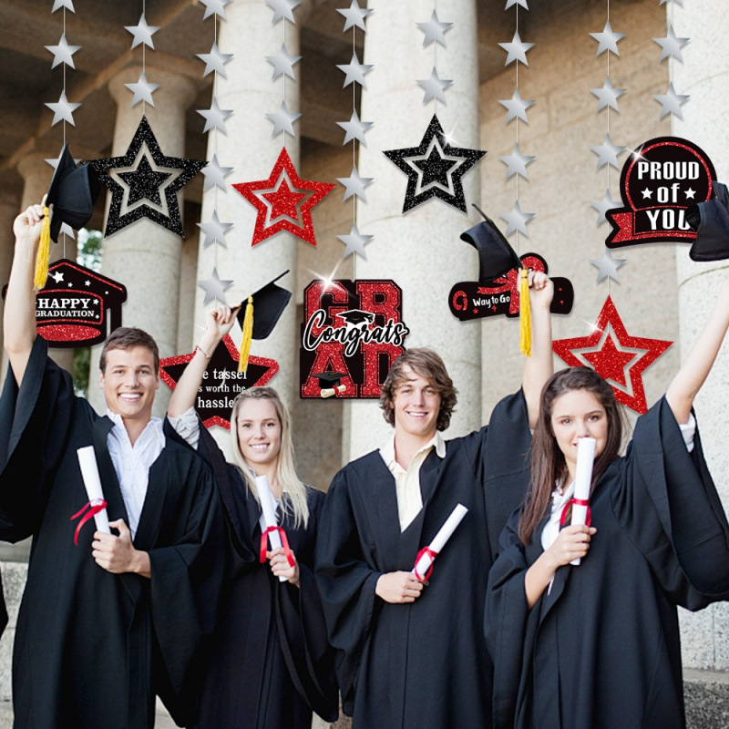 Temporada de graduación universitaria europea y americana decoración colgante ceremonia de graduación sombrero de bachillerato estrellas fondo decoración costura diseño de sitio