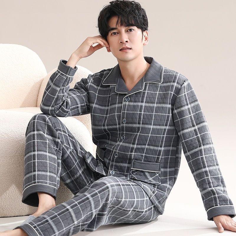 Lujo ligero invierno de invierno de algodón de mediana edad aire de algodón intercalado pijama de hombre conjunto de ropa para el hogar
