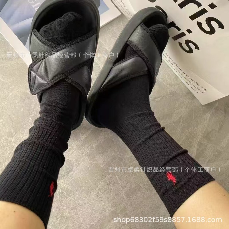 新款POLo袜子双针坑条拉夫劳伦女士简约中长筒男女纯色运动袜|undefined