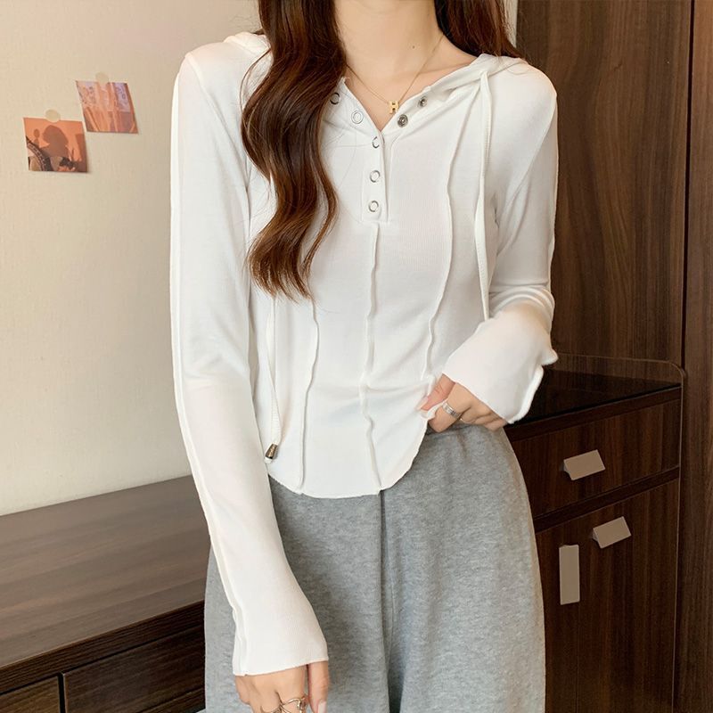 New Style Short Long-Sleeve Hoodie for Women, Early Autumn Thin White Regular Shoulder Top